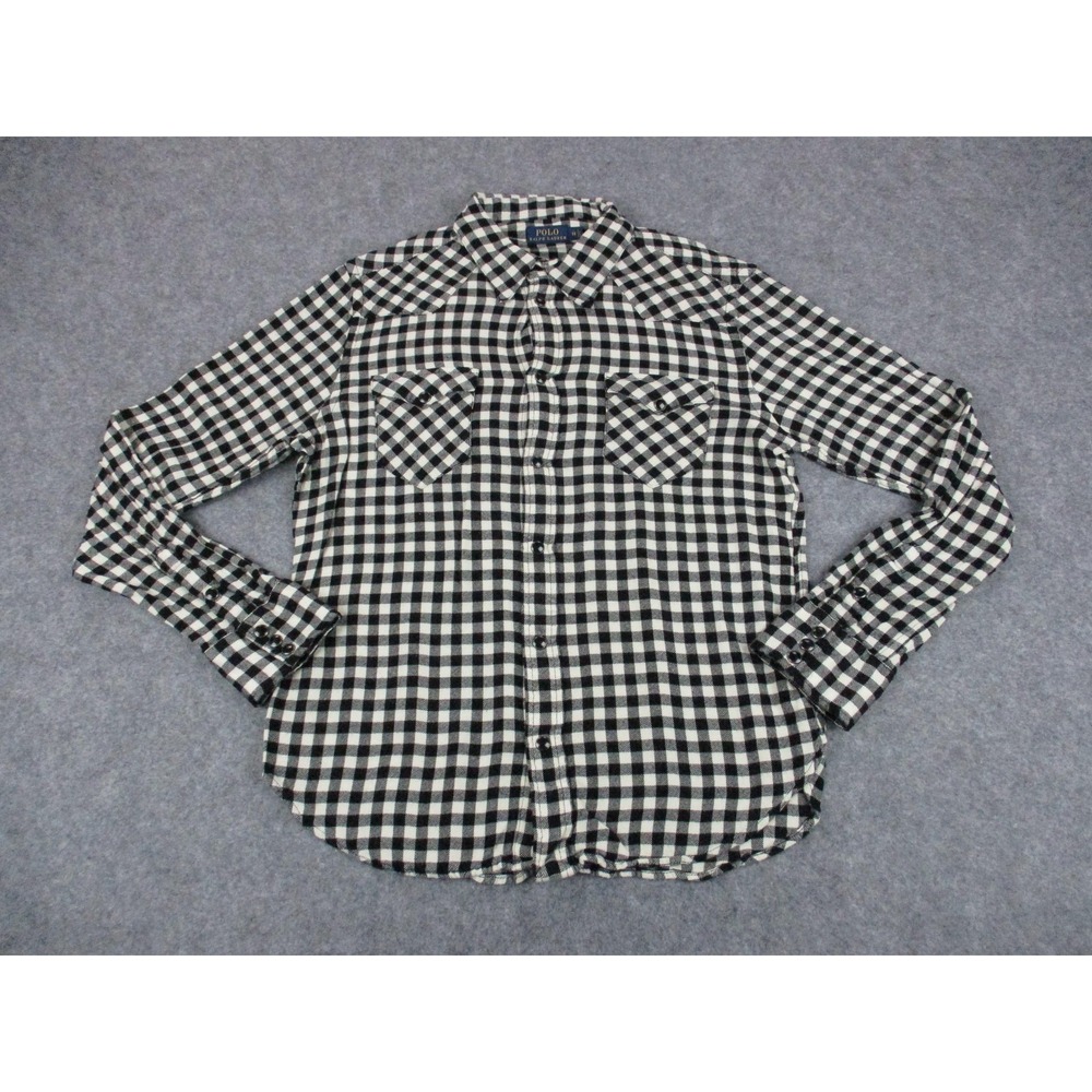 Polo Ralph Lauren Shirt Womens 14 Black White Gingham Flannel Viscose Pearl Snap